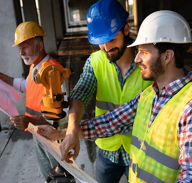 Engineers collaborating at a construction site with safety gear, representing the Best Construction Project Management Company in Gurgaon.