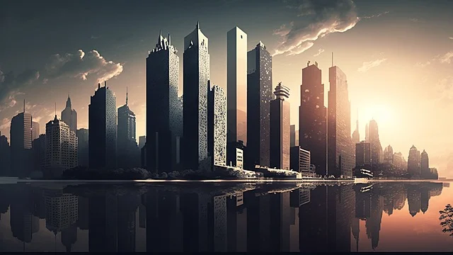 A sunset cityscape with modern skyscrapers reflecting on water.